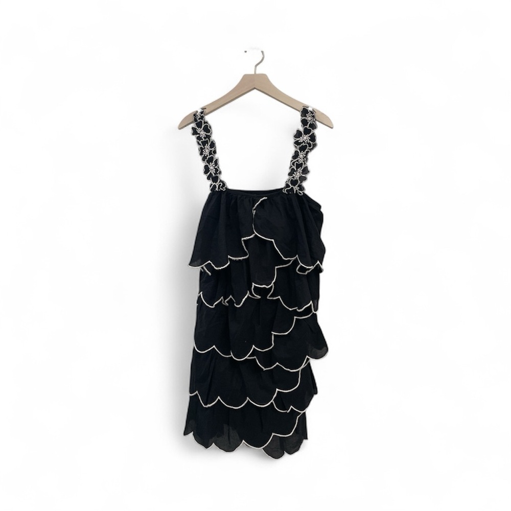Love Moschino Black White Mini Scallop Tiered Floral Strap Mini Dress